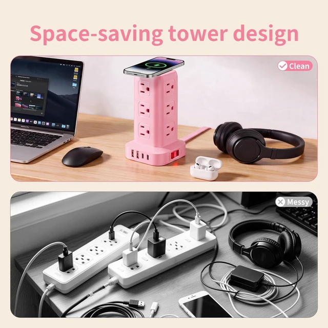 Alt view image 6 of 7 - Extension Cord with Multiple Outlets, SMALLRT Outlet Extender with 12 AC Outlets 4 USB, 6.5FT Power Strip Tower for Home Office Supplies, Pink