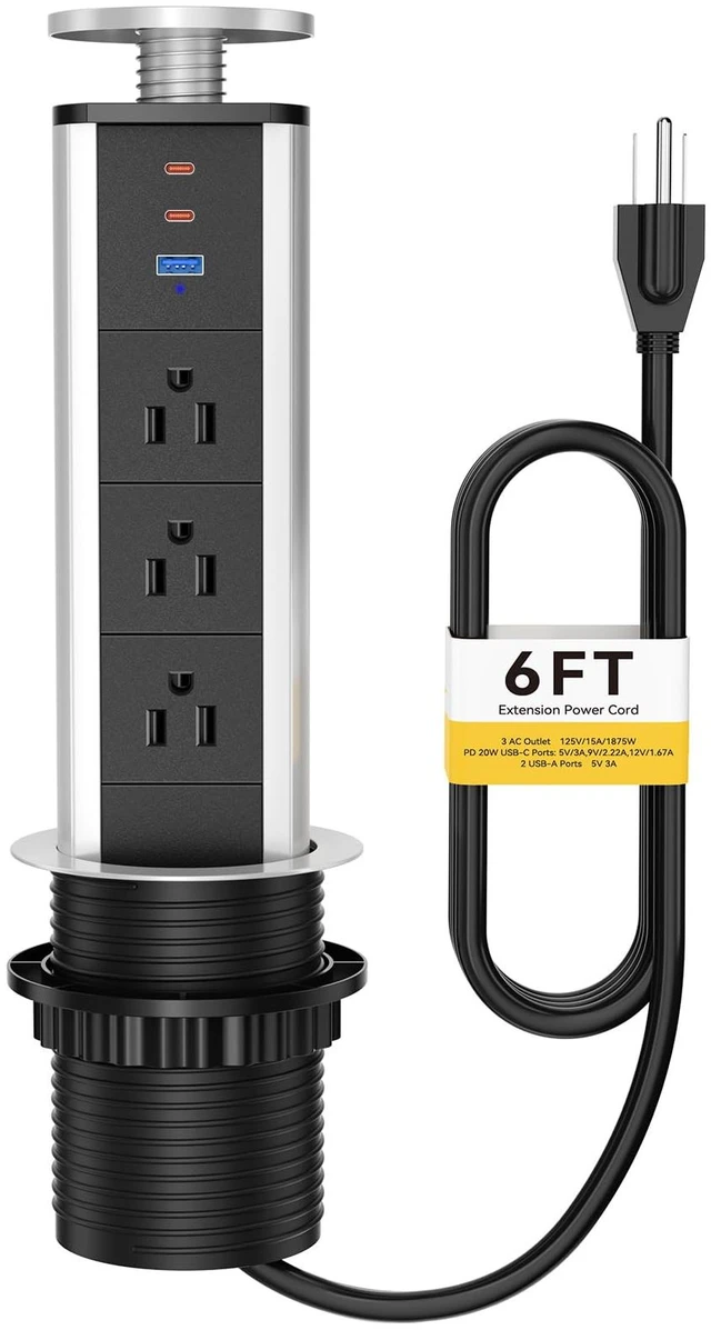 Main image of Pop Up Outlet for Countertop, Pop Up Socket with 3 AC Outlets and 2 PD 20W USB-C & 1 USB-A Ports, Pull Pop Up Power Outlet for Kitchen Conference Office, 3-3/8 Inch(85MM) Hole Grommet Power Strip