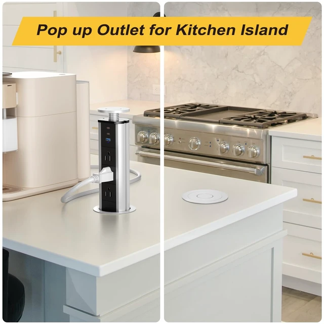 Alt view image 2 of 7 - Pop Up Outlet for Countertop, Pop Up Socket with 3 AC Outlets and 2 PD 20W USB-C & 1 USB-A Ports, Pull Pop Up Power Outlet for Kitchen Conference Office, 3-3/8 Inch(85MM) Hole Grommet Power Strip