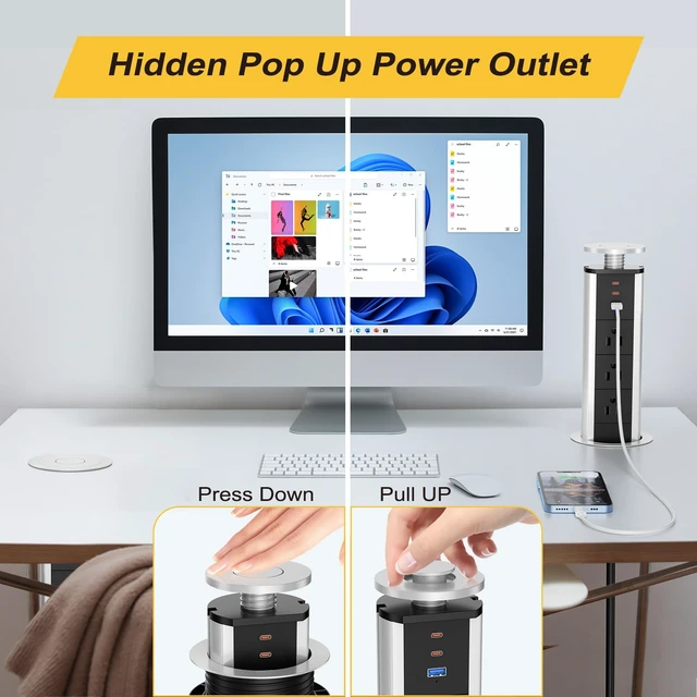 Alt view image 4 of 7 - Pop Up Outlet for Countertop, Pop Up Socket with 3 AC Outlets and 2 PD 20W USB-C & 1 USB-A Ports, Pull Pop Up Power Outlet for Kitchen Conference Office, 3-3/8 Inch(85MM) Hole Grommet Power Strip