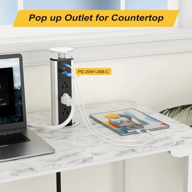 Alt view image 3 of 7 - Pop Up Outlet for Countertop, Pop Up Socket with 3 AC Outlets and 2 PD 20W USB-C & 1 USB-A Ports, Pull Pop Up Power Outlet for Kitchen Conference Office, 3-3/8 Inch(85MM) Hole Grommet Power Strip