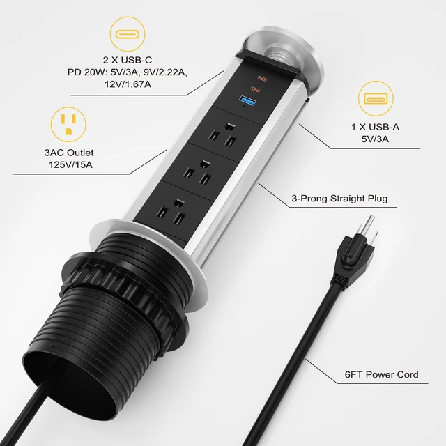 Alt view image 7 of 7 - Pop Up Outlet for Countertop, Pop Up Socket with 3 AC Outlets and 2 PD 20W USB-C & 1 USB-A Ports, Pull Pop Up Power Outlet for Kitchen Conference Office, 3-3/8 Inch(85MM) Hole Grommet Power Strip