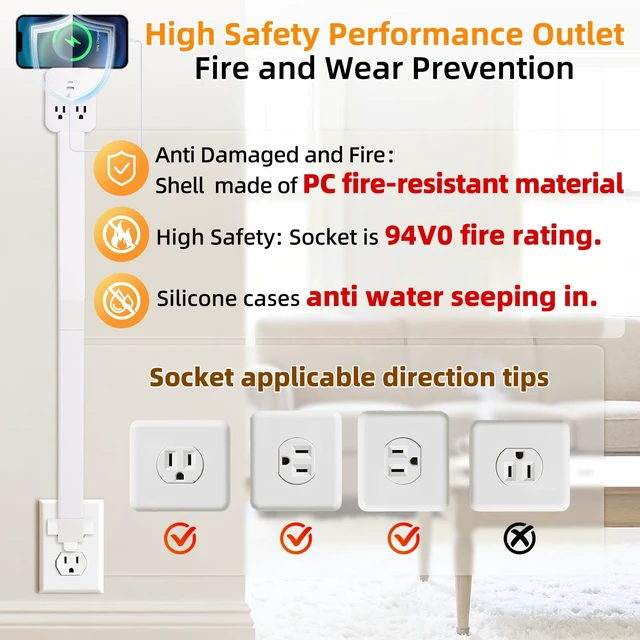 Alt view image 4 of 7 - 17-41in Outlet ExtenderUpgrade Stable USB-C&USB-A Wall Outlet Extender Made of Fire Resistant MaterialWall Plug Extender Anti Wire Clutter 4 Fixed Angles Suit for Outlet Behind Desk, SofaWhite