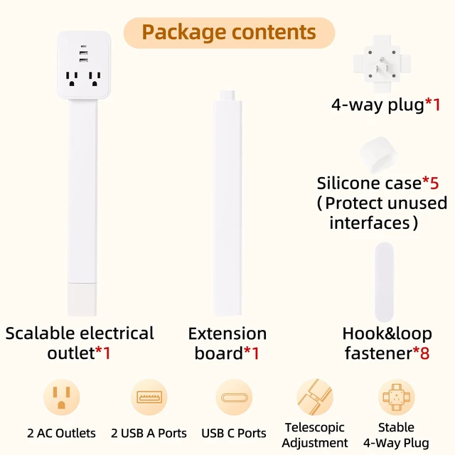 Alt view image 5 of 7 - 17-41in Outlet ExtenderUpgrade Stable USB-C&USB-A Wall Outlet Extender Made of Fire Resistant MaterialWall Plug Extender Anti Wire Clutter 4 Fixed Angles Suit for Outlet Behind Desk, SofaWhite