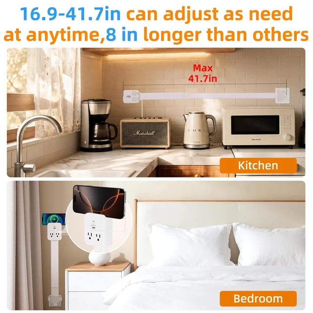 Alt view image 7 of 7 - 17-41in Outlet ExtenderUpgrade Stable USB-C&USB-A Wall Outlet Extender Made of Fire Resistant MaterialWall Plug Extender Anti Wire Clutter 4 Fixed Angles Suit for Outlet Behind Desk, SofaWhite