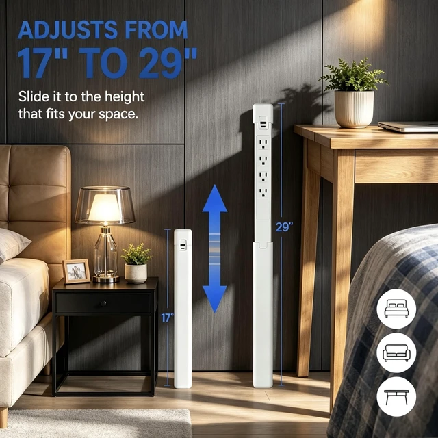 Alt view image 2 of 7 - Outlet Extender, Telescopic 4 AC Outlets USBA & USBC Surge Protector | 180° Rotation, Tool-Free No Drill Setup, Slim for Tight Furniture Gaps, 6-in-1 PD 20W Fast Charging, Flat Fire Retardant Body