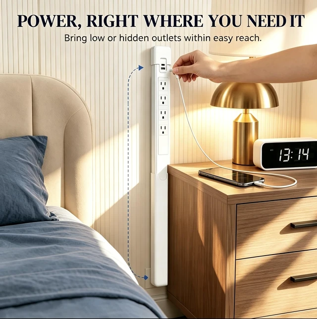 Alt view image 6 of 7 - Outlet Extender, Telescopic 4 AC Outlets USBA & USBC Surge Protector | 180° Rotation, Tool-Free No Drill Setup, Slim for Tight Furniture Gaps, 6-in-1 PD 20W Fast Charging, Flat Fire Retardant Body