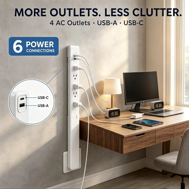 Alt view image 4 of 7 - Outlet Extender, Telescopic 4 AC Outlets USBA & USBC Surge Protector | 180° Rotation, Tool-Free No Drill Setup, Slim for Tight Furniture Gaps, 6-in-1 PD 20W Fast Charging, Flat Fire Retardant Body