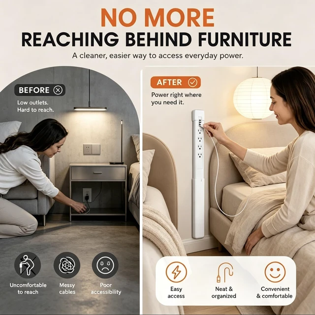 Alt view image 5 of 7 - Outlet Extender, Telescopic 4 AC Outlets USBA & USBC Surge Protector | 180° Rotation, Tool-Free No Drill Setup, Slim for Tight Furniture Gaps, 6-in-1 PD 20W Fast Charging, Flat Fire Retardant Body