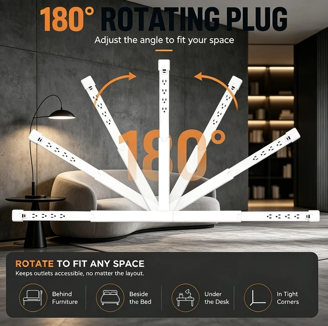 Alt view image 3 of 7 - Outlet Extender, Telescopic 4 AC Outlets USBA & USBC Surge Protector | 180° Rotation, Tool-Free No Drill Setup, Slim for Tight Furniture Gaps, 6-in-1 PD 20W Fast Charging, Flat Fire Retardant Body