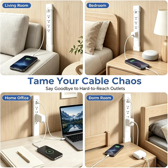 Alt view image 7 of 7 - Outlet Extender, Telescopic 4 AC Outlets USBA & USBC Surge Protector | 180° Rotation, Tool-Free No Drill Setup, Slim for Tight Furniture Gaps, 6-in-1 PD 20W Fast Charging, Flat Fire Retardant Body
