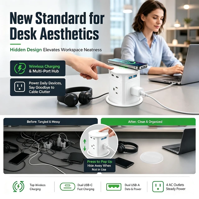 Alt view image 3 of 7 - 3.94" Pop Up Outlet,4 AC Outlets,2 USB-A & 2 USB-C,15W Wireless Charger | 3.94" Pop up Countertop outlet 15W wireless charger,4 outlets,Max 20W 4 USB ports for Kitchen Office. Free 3.94" hole opener