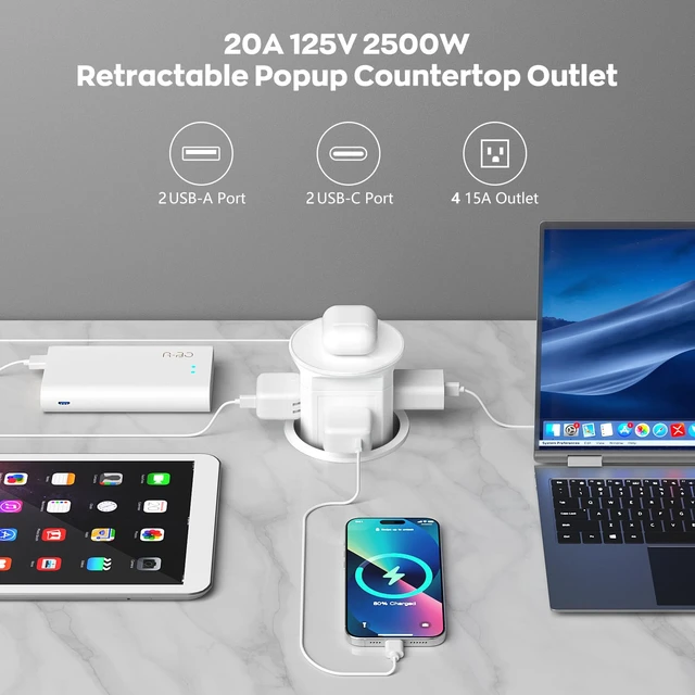 Alt view image 5 of 7 - 3.94" Pop Up Outlet,4 AC Outlets,2 USB-A & 2 USB-C,15W Wireless Charger | 3.94" Pop up Countertop outlet 15W wireless charger,4 outlets,Max 20W 4 USB ports for Kitchen Office. Free 3.94" hole opener