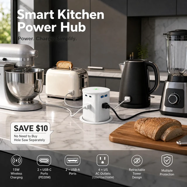 Alt view image 4 of 7 - 3.94" Pop Up Outlet,4 AC Outlets,2 USB-A & 2 USB-C,15W Wireless Charger | 3.94" Pop up Countertop outlet 15W wireless charger,4 outlets,Max 20W 4 USB ports for Kitchen Office. Free 3.94" hole opener