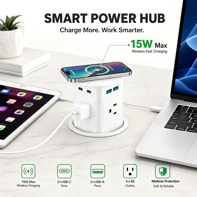 Alt view image 6 of 7 - 3.94" Pop Up Outlet,4 AC Outlets,2 USB-A & 2 USB-C,15W Wireless Charger | 3.94" Pop up Countertop outlet 15W wireless charger,4 outlets,Max 20W 4 USB ports for Kitchen Office. Free 3.94" hole opener