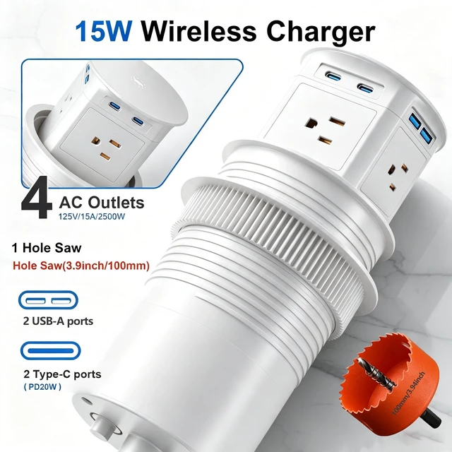 Alt view image 2 of 7 - 3.94" Pop Up Outlet,4 AC Outlets,2 USB-A & 2 USB-C,15W Wireless Charger | 3.94" Pop up Countertop outlet 15W wireless charger,4 outlets,Max 20W 4 USB ports for Kitchen Office. Free 3.94" hole opener