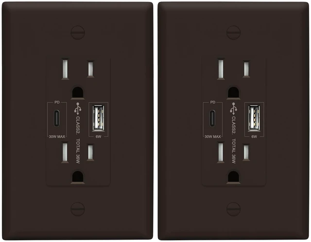Main image of LIDER USB-C 36W Power Delivery Wall Outlet, 15A Tamper-Resistant Receptacle | 2-Pack, Matte Brown, Interchangeable Face Cover, USB Type-C/USB Type-A, Plate Included, UL Listed