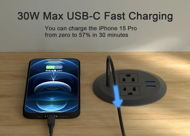 Alt view image 3 of 5 - MAZZGOFOR 3-inch Desktop Power Grommet,2-Pack,PD30W USB-C,6.3ft Cord,Black | Fast Charging,Easy Install,Fits 3-1/8-in Hole,Flush Mount Desk Outlet,Desk Organizer,Home Office Essentials,ETL Listed