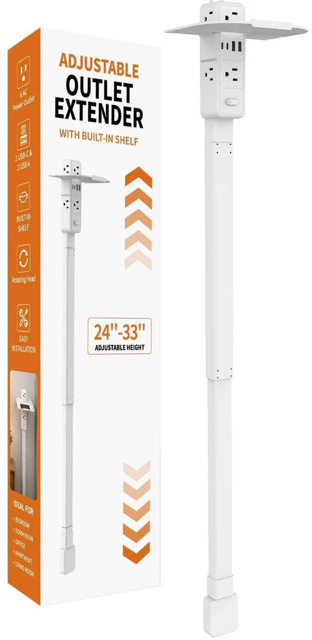 Main image of Outlet Extender Stick with 2 USB-A & 2 USB-C,6 AC Outlets,24"-34" Extension | 24"-33" Extension, 270°Rotation, Large Storage Rack, Overload Protection Switch, Three-Sided Design, Dorm Essentials