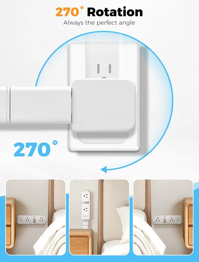 Alt view image 2 of 7 - Outlet Extender Stick with 2 USB-A & 2 USB-C,6 AC Outlets,24"-34" Extension | 24"-33" Extension, 270°Rotation, Large Storage Rack, Overload Protection Switch, Three-Sided Design, Dorm Essentials