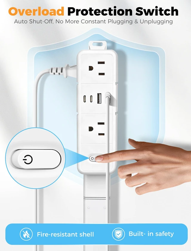 Alt view image 3 of 7 - Outlet Extender Stick with 2 USB-A & 2 USB-C,6 AC Outlets,24"-34" Extension | 24"-33" Extension, 270°Rotation, Large Storage Rack, Overload Protection Switch, Three-Sided Design, Dorm Essentials
