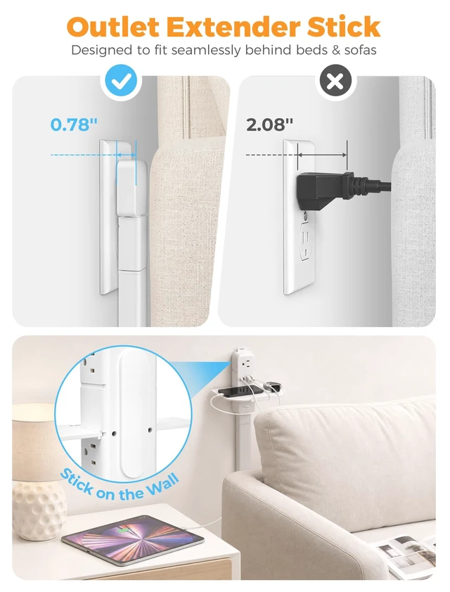 Alt view image 4 of 7 - Outlet Extender Stick with 2 USB-A & 2 USB-C,6 AC Outlets,24"-34" Extension | 24"-33" Extension, 270°Rotation, Large Storage Rack, Overload Protection Switch, Three-Sided Design, Dorm Essentials