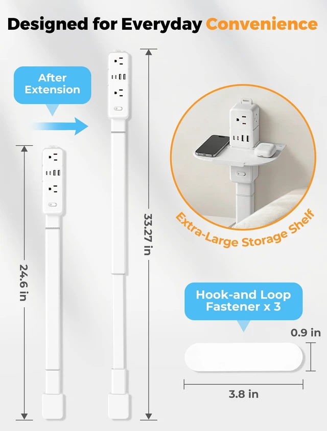 Alt view image 5 of 7 - Outlet Extender Stick with 2 USB-A & 2 USB-C,6 AC Outlets,24"-34" Extension | 24"-33" Extension, 270°Rotation, Large Storage Rack, Overload Protection Switch, Three-Sided Design, Dorm Essentials