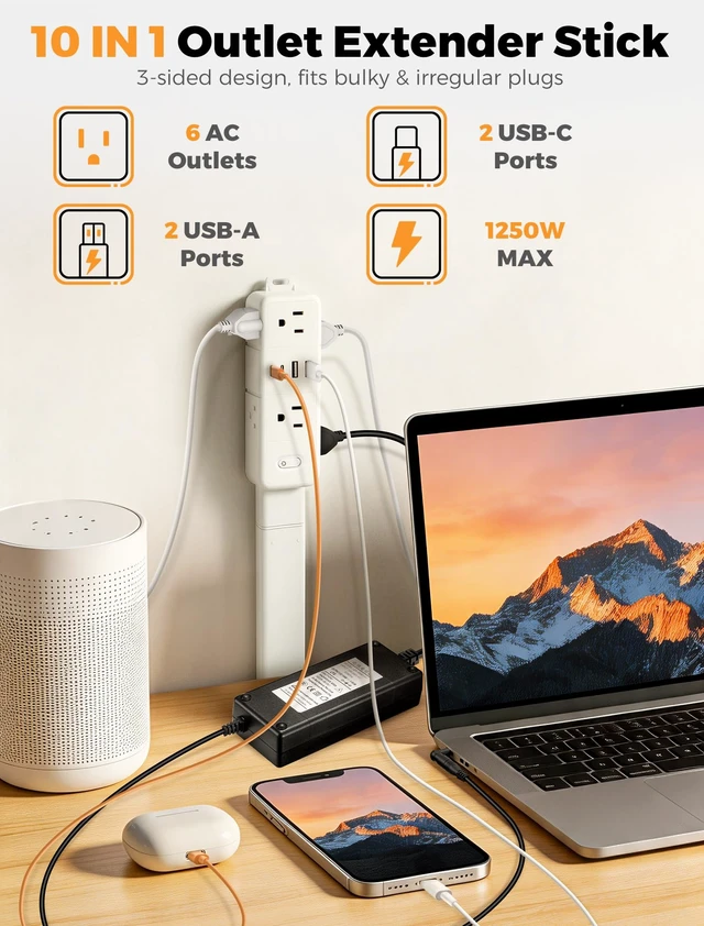 Alt view image 6 of 7 - Outlet Extender Stick with 2 USB-A & 2 USB-C,6 AC Outlets,24"-34" Extension | 24"-33" Extension, 270°Rotation, Large Storage Rack, Overload Protection Switch, Three-Sided Design, Dorm Essentials