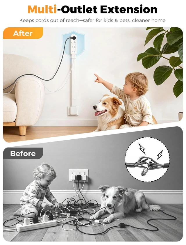 Alt view image 7 of 7 - Outlet Extender Stick with 2 USB-A & 2 USB-C,6 AC Outlets,24"-34" Extension | 24"-33" Extension, 270°Rotation, Large Storage Rack, Overload Protection Switch, Three-Sided Design, Dorm Essentials