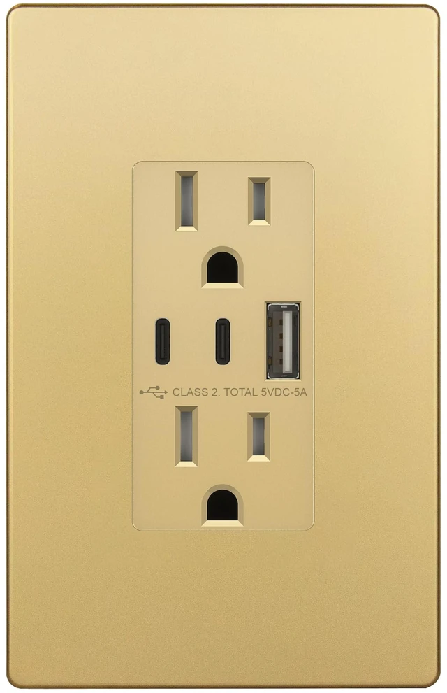 Main image of LIDER 5.0A 25W USB Wall Outlet, Tamper-Resistant Receptacle, Matte Gold | Interchangeable Face Cover, Type-A USB Type-C Charging Ports, Screwless Wall Plate Included, UL Listed