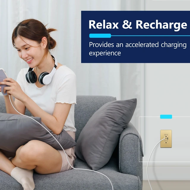 Alt view image 4 of 7 - LIDER 5.0A 25W USB Wall Outlet, Tamper-Resistant Receptacle, Matte Gold | Interchangeable Face Cover, Type-A USB Type-C Charging Ports, Screwless Wall Plate Included, UL Listed
