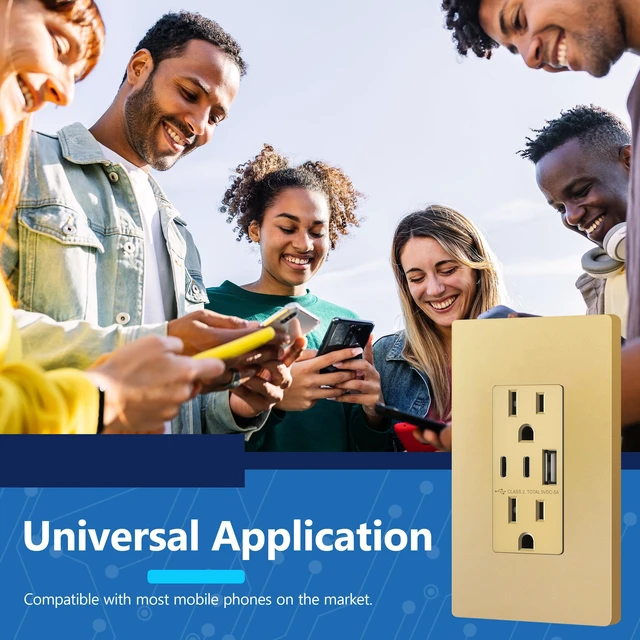 Alt view image 7 of 7 - LIDER 5.0A 25W USB Wall Outlet, Tamper-Resistant Receptacle, Matte Gold | Interchangeable Face Cover, Type-A USB Type-C Charging Ports, Screwless Wall Plate Included, UL Listed