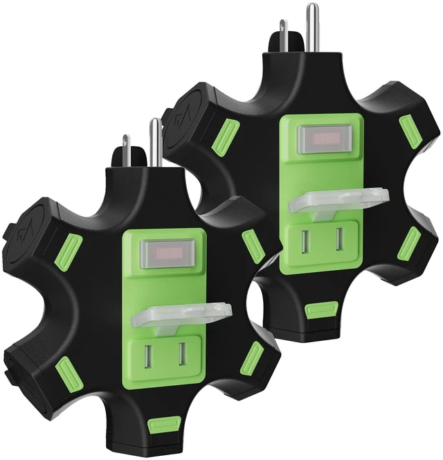 Main image of HiFind 2 Pack Outdoor 5-Outlet Extender Splitter Power Hub Plug Multi Outlet Tap with 2 USB-A Ports & Safety Covers, Heavy Duty Power Adapter with Circuit Breaker Indicator for Holiday Lights-ETL