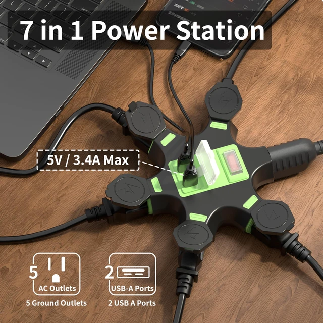 Alt view image 3 of 7 - HiFind 2 Pack Outdoor 5-Outlet Extender Splitter Power Hub Plug Multi Outlet Tap with 2 USB-A Ports & Safety Covers, Heavy Duty Power Adapter with Circuit Breaker Indicator for Holiday Lights-ETL