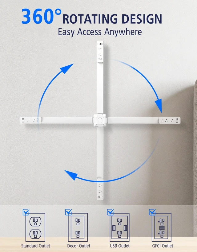 Alt view image 2 of 7 - Outlet Extender Stick360° Rotating, 23"35" Adjustable | 6 AC Outlets, 2 USB-A & 2 USB-C Ports, Overload Protection, Hard-to-Reach Outlets Behind Sofas, Beds & Desks