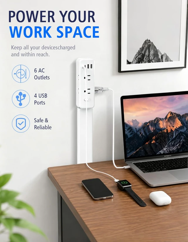 Alt view image 3 of 7 - Outlet Extender Stick360° Rotating, 23"35" Adjustable | 6 AC Outlets, 2 USB-A & 2 USB-C Ports, Overload Protection, Hard-to-Reach Outlets Behind Sofas, Beds & Desks