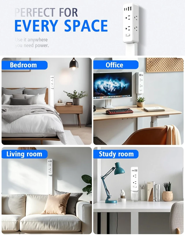 Alt view image 7 of 7 - Outlet Extender Stick360° Rotating, 23"35" Adjustable | 6 AC Outlets, 2 USB-A & 2 USB-C Ports, Overload Protection, Hard-to-Reach Outlets Behind Sofas, Beds & Desks