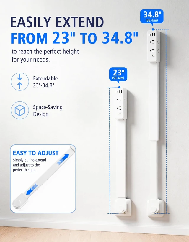 Alt view image 6 of 7 - Outlet Extender Stick360° Rotating, 23"35" Adjustable | 6 AC Outlets, 2 USB-A & 2 USB-C Ports, Overload Protection, Hard-to-Reach Outlets Behind Sofas, Beds & Desks