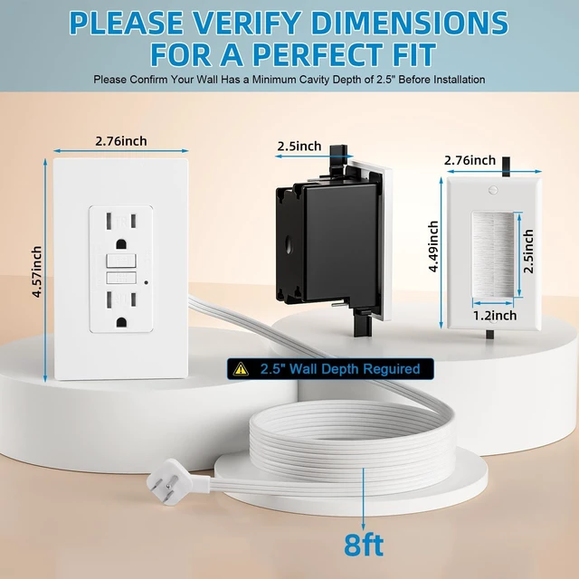 Alt view image 2 of 7 - in Wall Cable Management Kit - Outlet Extender - 2AC GFCI Outlet 15amp, Receptacle with LED Indicator Light,8ft Cord,Hard-to-Reach Outlets for TV,Nightstands,Sofa,Desks