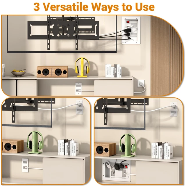 Alt view image 2 of 7 - 3 Usage Modes in Wall Cable Management Kit with Recessed Power, 4 Outlets | 6+9FT Cord, Cutting Tool & Cable Ties, TV Cord Hider for Wall Mounted TV, Easy Safe Cable Concealer for TV & Home Theater