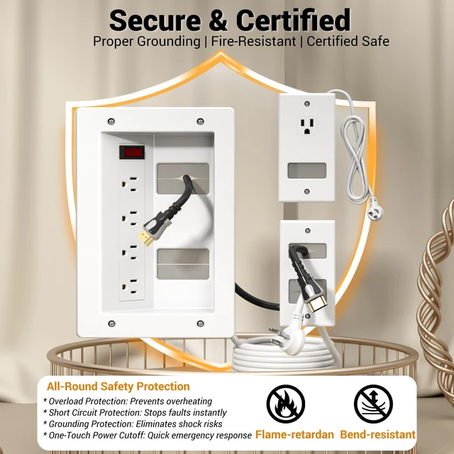 Alt view image 3 of 7 - 3 Usage Modes in Wall Cable Management Kit with Recessed Power, 4 Outlets | 6+9FT Cord, Cutting Tool & Cable Ties, TV Cord Hider for Wall Mounted TV, Easy Safe Cable Concealer for TV & Home Theater
