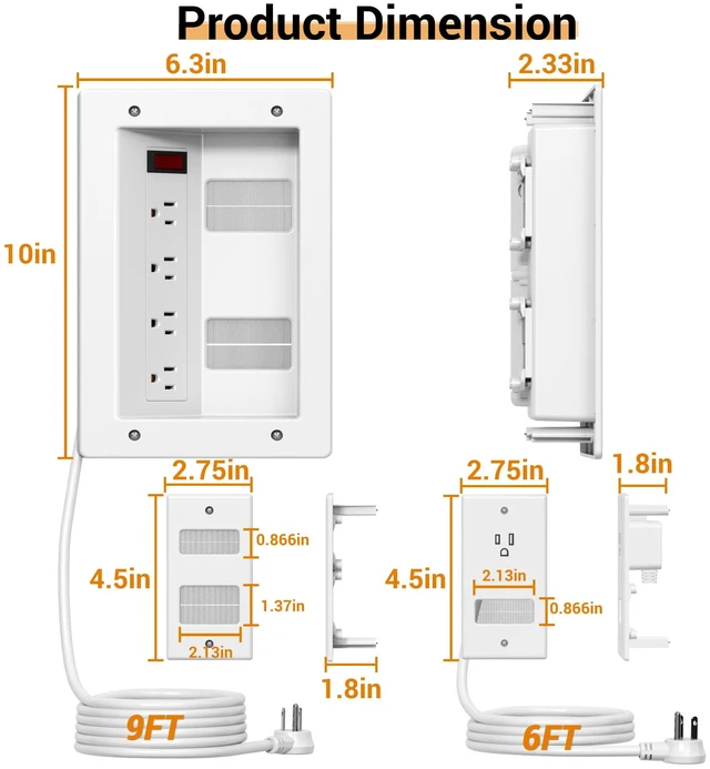 Alt view image 7 of 7 - 3 Usage Modes in Wall Cable Management Kit with Recessed Power, 4 Outlets | 6+9FT Cord, Cutting Tool & Cable Ties, TV Cord Hider for Wall Mounted TV, Easy Safe Cable Concealer for TV & Home Theater