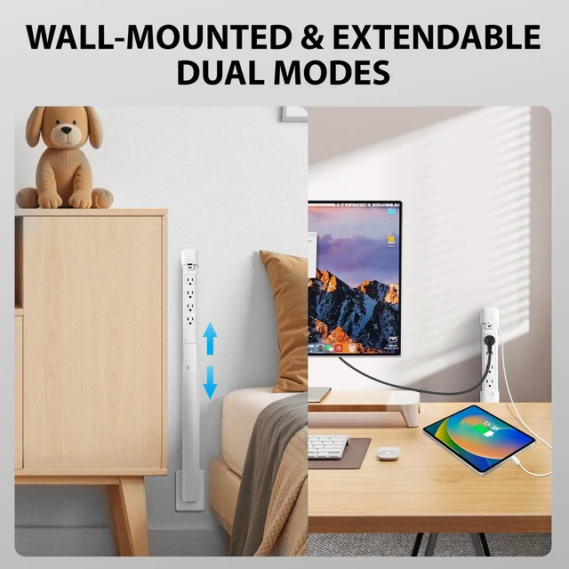 Alt view image 4 of 7 - Telescopic Outlet Extender, 4AC, PD20W USBA USBC, 180° Rotatable Plug | Adjustable 17.24"29.06" Extendable Length Works for Nightstand, Sofa & Desk Setups Wallmounted Compact Spacesaving Build