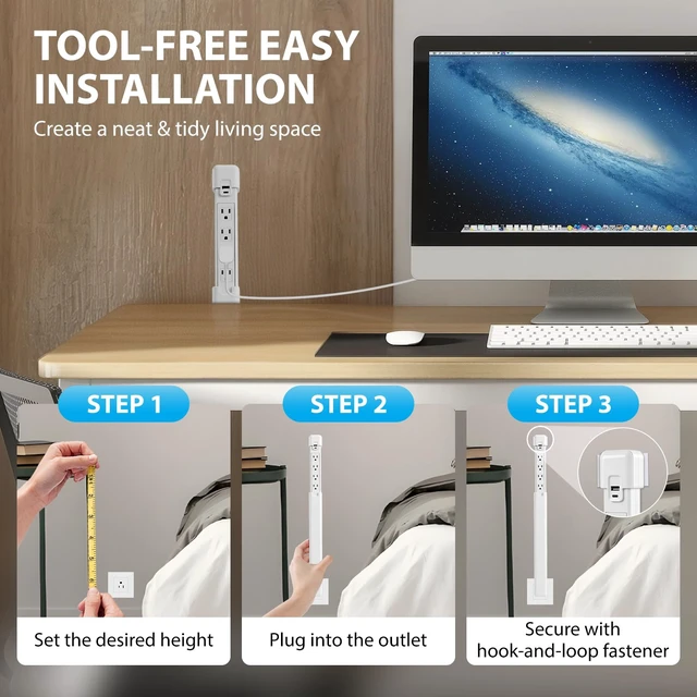 Alt view image 5 of 7 - Telescopic Outlet Extender, 4AC, PD20W USBA USBC, 180° Rotatable Plug | Adjustable 17.24"29.06" Extendable Length Works for Nightstand, Sofa & Desk Setups Wallmounted Compact Spacesaving Build