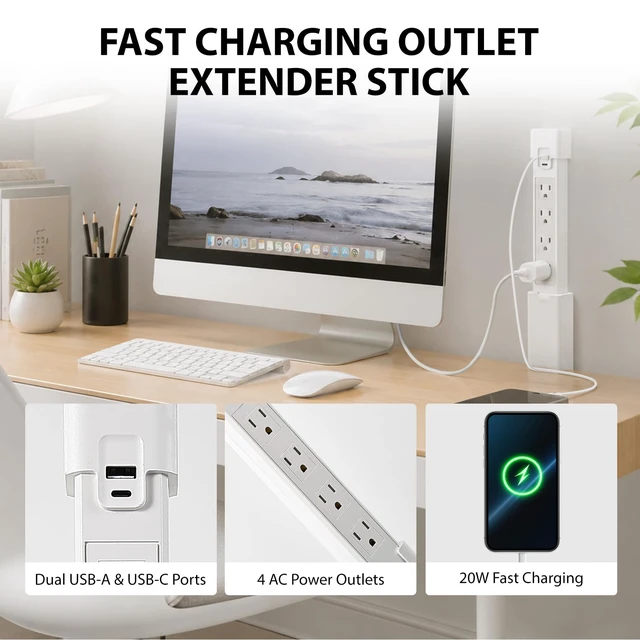 Alt view image 2 of 7 - Telescopic Outlet Extender, 4AC, PD20W USBA USBC, 180° Rotatable Plug | Adjustable 17.24"29.06" Extendable Length Works for Nightstand, Sofa & Desk Setups Wallmounted Compact Spacesaving Build