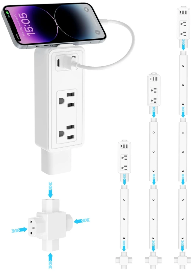 Main image of BUEBEO Electrical Outlet Extender Stick, Expandable 17.5"-36" with USB C | Adjustable Wall Outlet, 3-Stick Modular Design with 4-Way Plug, 2AC+2USB-A+USB-C for Hard-to-Reach Outlets Behind Furniture