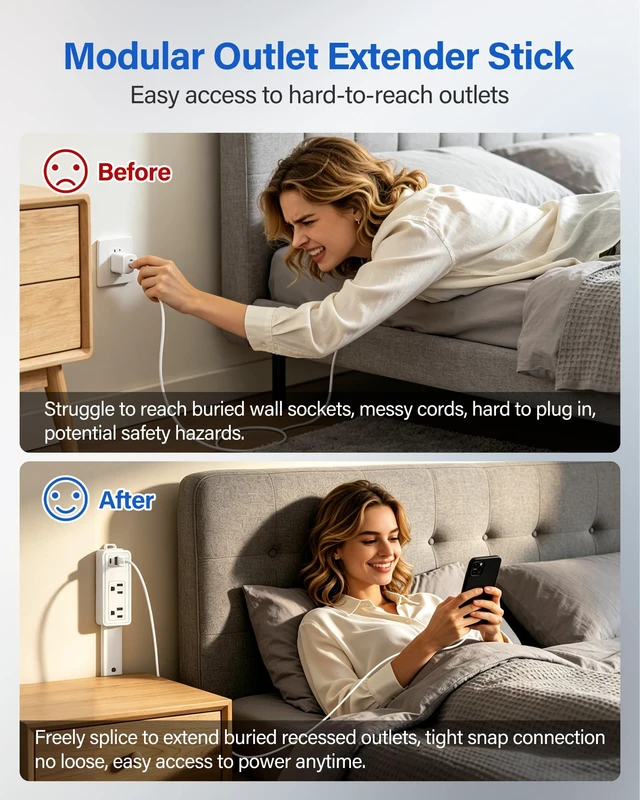 Alt view image 2 of 7 - BUEBEO Electrical Outlet Extender Stick, Expandable 17.5"-36" with USB C | Adjustable Wall Outlet, 3-Stick Modular Design with 4-Way Plug, 2AC+2USB-A+USB-C for Hard-to-Reach Outlets Behind Furniture