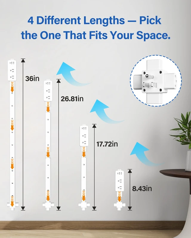 Alt view image 4 of 7 - BUEBEO Electrical Outlet Extender Stick, Expandable 17.5"-36" with USB C | Adjustable Wall Outlet, 3-Stick Modular Design with 4-Way Plug, 2AC+2USB-A+USB-C for Hard-to-Reach Outlets Behind Furniture