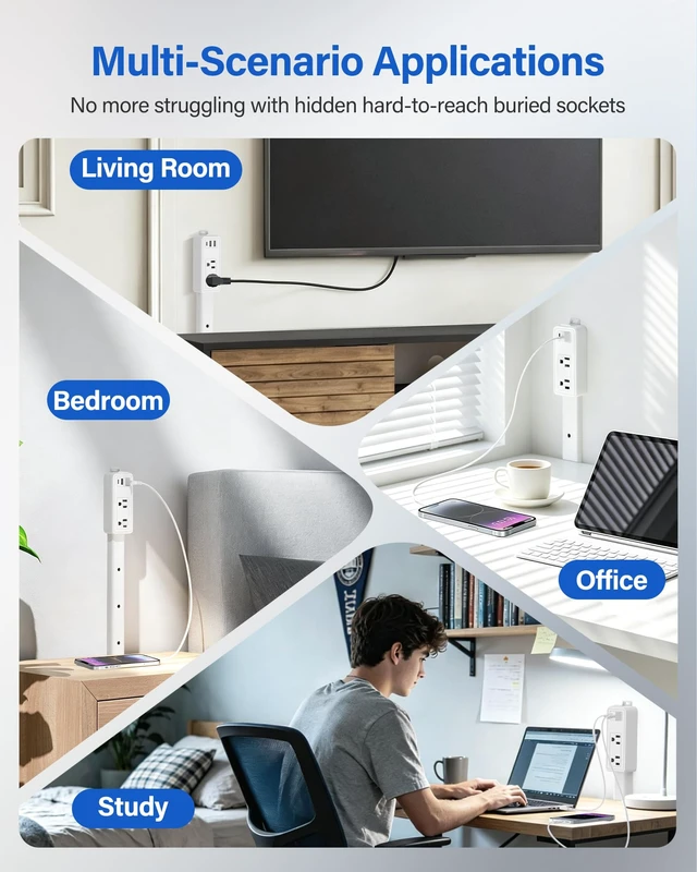 Alt view image 7 of 7 - BUEBEO Electrical Outlet Extender Stick, Expandable 17.5"-36" with USB C | Adjustable Wall Outlet, 3-Stick Modular Design with 4-Way Plug, 2AC+2USB-A+USB-C for Hard-to-Reach Outlets Behind Furniture
