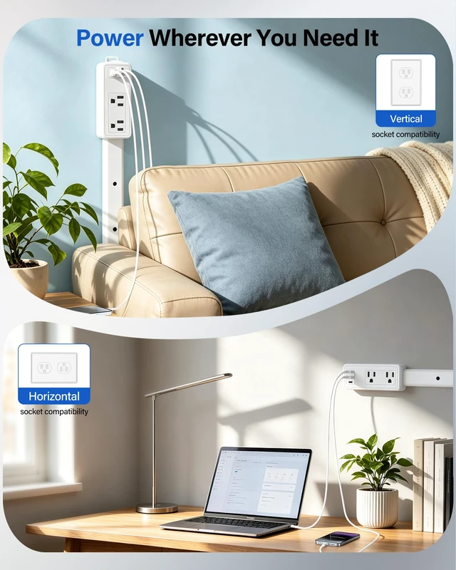 Alt view image 5 of 7 - BUEBEO Electrical Outlet Extender Stick, Expandable 17.5"-36" with USB C | Adjustable Wall Outlet, 3-Stick Modular Design with 4-Way Plug, 2AC+2USB-A+USB-C for Hard-to-Reach Outlets Behind Furniture